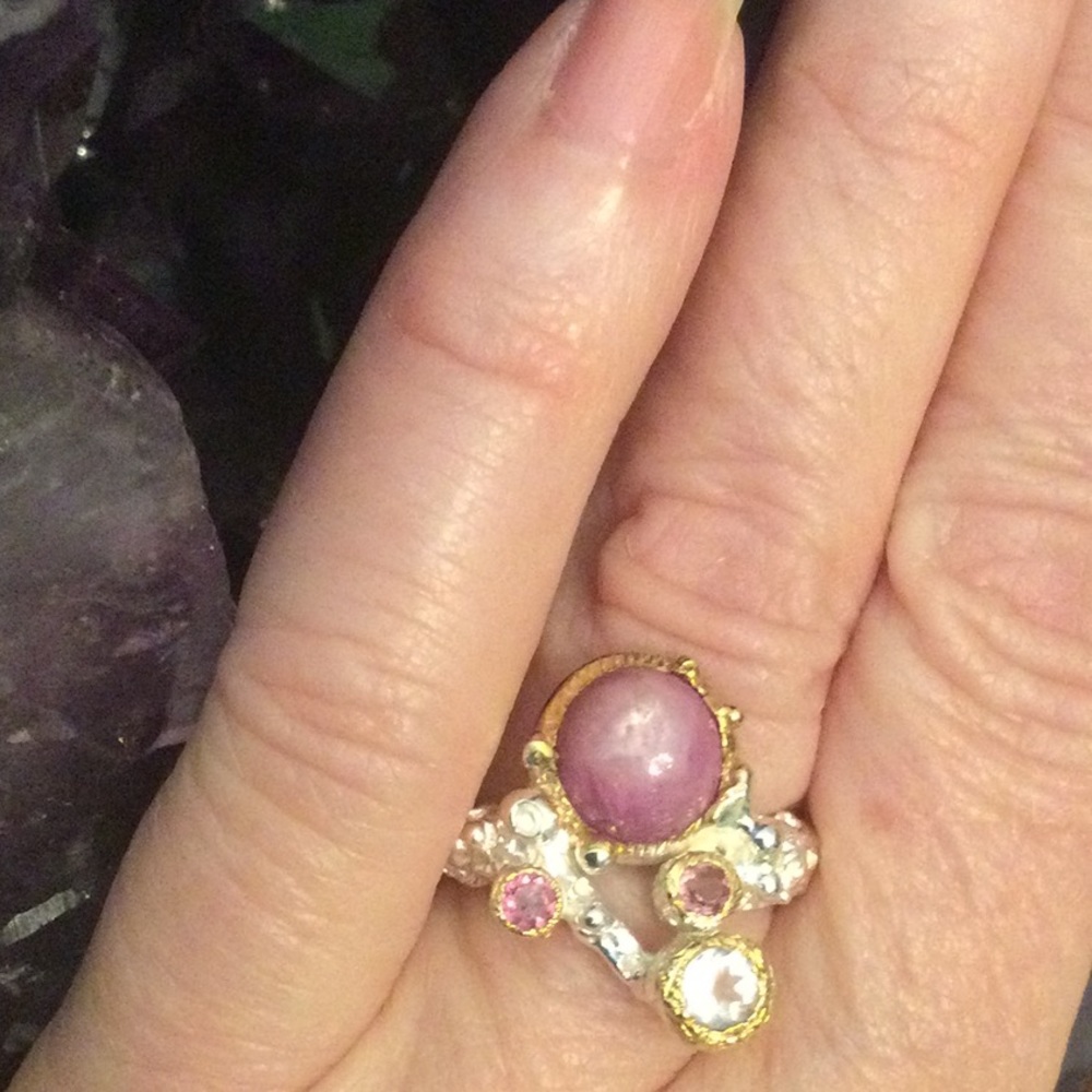 ⭐️Rare,  Star Ruby Cabochon, Pink Topaz & Aquamarine Ring⭐️ - Picture 10 of 14